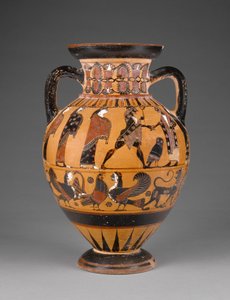 Ânfora de pescoço de figura negra eubeana decorada com o julgamento de Paris, c.570-60 (terracota)